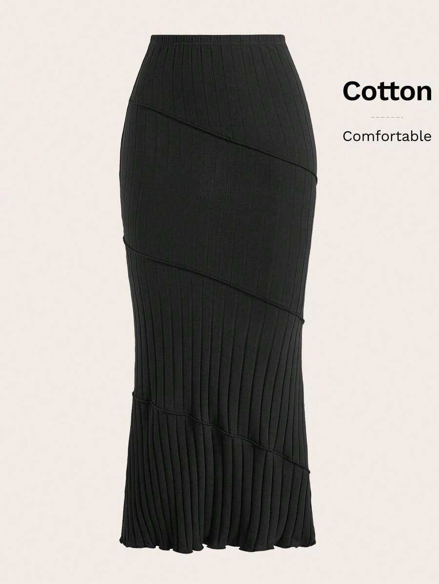 SHEIN EZwear 素色木耳邊鉛筆裙 - 黑色 - 查看 1