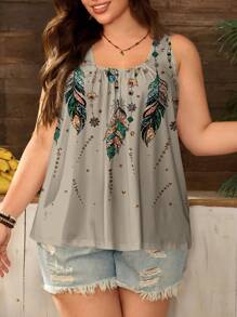 EMERY ROSE 加大码褶皱宽松羽毛印花背心，适合春夏季 - 杏色 - 查看 5