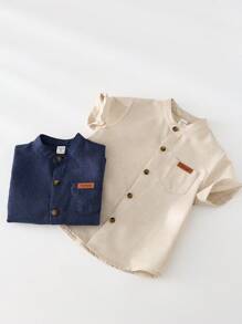 SHEIN 2件装年轻男童休闲日韩版干净彩色立领宽松梭织衬衫两色各一件或两件套，适合上学、居家、度假、运动穿着，适合春夏季节，买1件送1套，买2件超值划算，适合送礼 - 彩色 - 查看 3