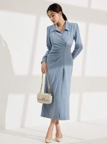 Modelyn 条纹荷叶边领连衣裙 - 藍色 - 查看 5