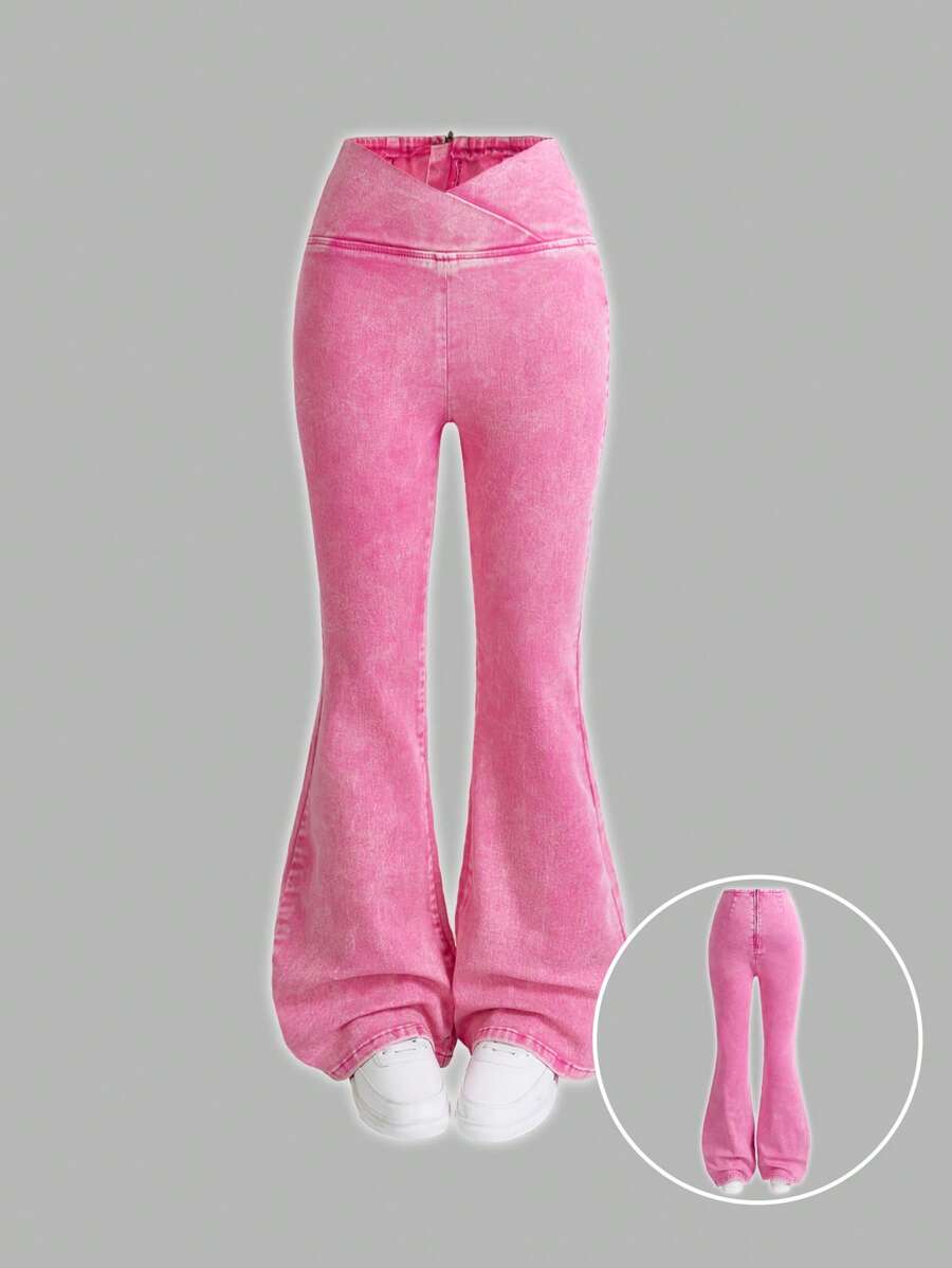 SHEIN EZwear 女式紧身牛仔裤休闲弹力喇叭裤,粉色,夏季/夏季/夏季,春季/女士春季,女士海滩/海滩,女士早午餐,春假/春假,女士音乐会/狂欢节/乡村音乐会/伊比沙岛/纳什维尔 - 粉色 - 查看 1