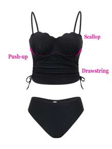 Swim Lushoire Women Summer Shell Decor Twist Back Drawstring Top And High Waist Bikini Bottom 2 Pieces Beachwear Outfit