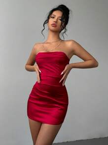 Aloruh 女士派对/约会之夜性感 V 领褶皱胸围迷你紧身连衣裙，粉色，秋冬 - 紅色 - 查看 5