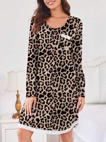 Women's Leopard Print Round Neck Long Sleeve Contrast Lace Casual Dress Fall Cloth For Women - Multicolor - View 4