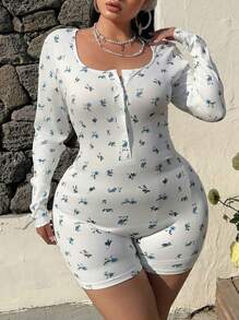 POPSWAY Mono elegante casual con cuello redondo, apertura frontal y manga larga con estampado floral diminuto, adecuado para vacaciones, talla grande mujer