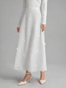 Ontre 蝴蝶蕾丝装饰简约优雅 A 字裙，2025 女款 - 白色 - 查看 3