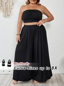 SHEIN CURVE+ 大码女式夏季波西米亚风露背褶皱裤套装，海滩度假性感波西米亚风度假 - 黑色 - 查看 1