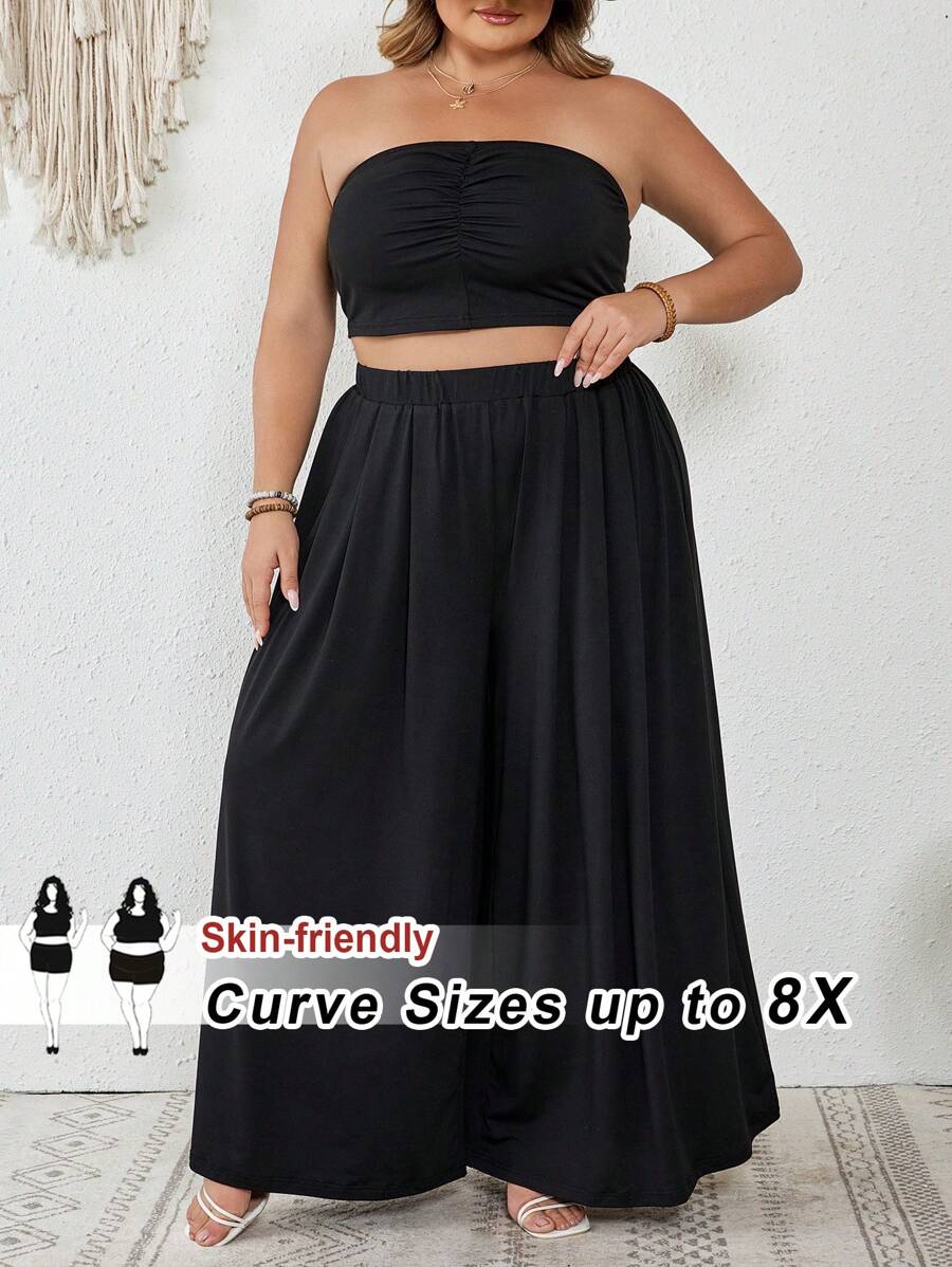 SHEIN CURVE+ 大码女式夏季波西米亚风露背褶皱裤套装，海滩度假性感波西米亚风度假 - 黑色 - 查看 1