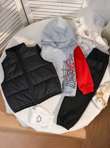 3 件套儿童男童休闲加厚绗缝外套、连帽运动衫和纯色裤子套装，适合通勤、上学、休闲、旅行、运动、春季、夏季、秋季、冬季 - 彩色 - 查看 1