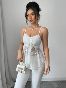 Selianne Áo hai dây ren trơn màu thanh lịch cho nữ có viền bất đối xứng - trắng - Xem 3