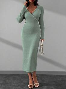 SHEIN Cottnline Embellished Pearl Detailed Beige V Neck Long Dress - Mint Green - View 7