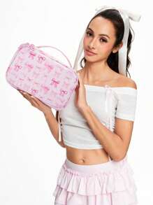 ROMWE Kawaii 1pc Fashion Bow Decor Versatile Large Capacity Portable Cosmetic Bag