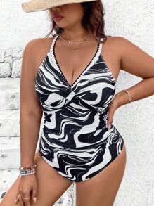 SHEIN Swim Lushore Plus Size Zebra Print Swimsuit