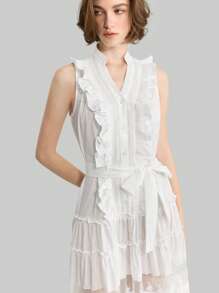 Ontre Elegant Solid Color Ruffle Hem Mesh Insert Dress Vacation Outfits Woman BOHO Embroidered - White - View 5