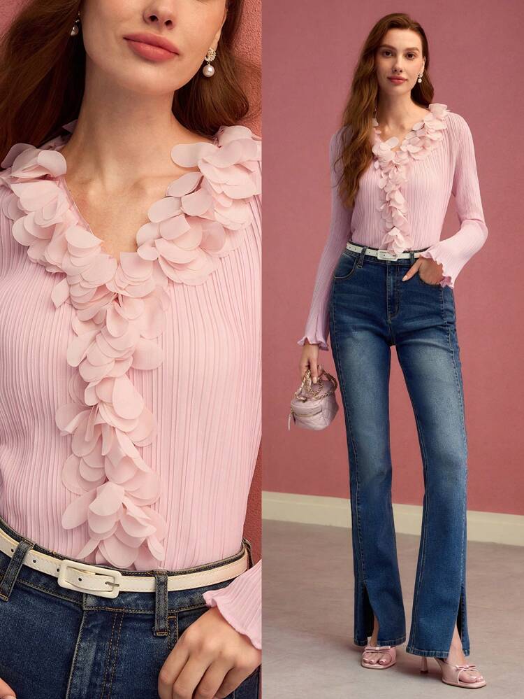 TEXTURED APPLIQUES FLARE SLEEVE TOP