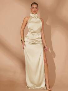 Lumalex 冬季春季情人节节日聚会宴会婚礼大码女式褶皱收腰直筒长裙