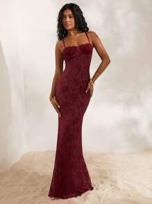 Opulessa Đầm Maxi Ôm Body Ren Dệt Kim Màu Trơn Cho Nữ - Màu Đỏ Sâu - Xem 4