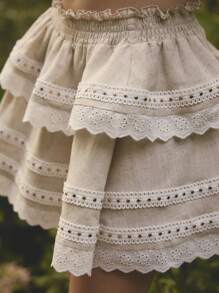 Aralina Boho Lace Trim Tiered Ruffle Summer Vacation Mini Skirt - Beige - View 5