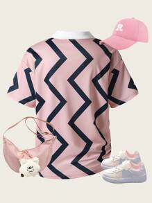 T-shirt graphique décontracté d'été pour adolescentes avec lettres en zigzag et effet blocs de couleurs
