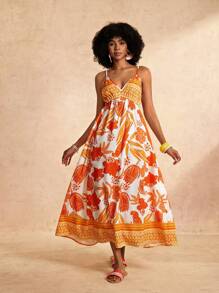 Slaydiva New Casual Floral Print Sleeveless Long Dress - Orange, Spring/Summer - Yellow - View 7