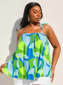 SHEIN SXY Plus Size Women's Sexy Suspenders, Colorful Color Block Stitching Pattern, Pleated Fabric, Loose And Elegant Suspenders,Suitable For Early Spring, Spring And Summer, Rainforest, Beach Party, Seaside Vacation, Bonfire Party, Cool And Light, Slim Fit, Comfortable To Wear,Easy To Match&Looks Slim,Accent Your Body,Flatter The Figure - Multicolor - View 1