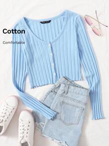 SHEIN EZwear Buttoned Front Lettuce Trim Rib-knit Top