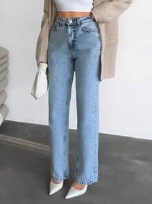RueChic Jeans casual dritti in vita alta lavati per donna