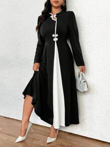 Rometta Plus Size Women New Arrival Czarno-biały blok kolorów Elegancka sukienka z długim rękawem i guzikami