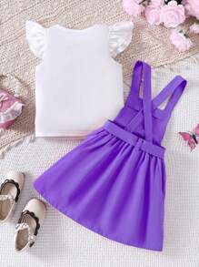 SHEIN 2 件套年轻女孩荷叶边袖上衣和纹理吊带连衣裙套装，春夏