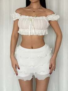 Breezaya Pantaloni scurti la modă pentru femei cu textura plisată cu tiv - Caisă - Vizualizare 4