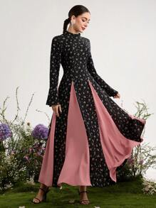 Graceveil 女式小巧碎花拼布撞色束腰喇叭袖立领连衣裙 - 黑色 - 查看 4