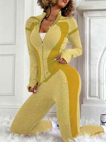 SHEIN Sport Studio Women's Contrast Color Long Sleeve Zipper Jacket And Pants Sports Suit Women Outfit Sets