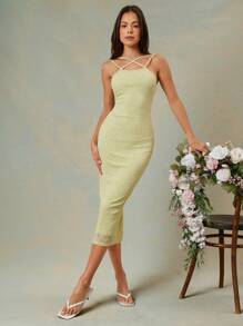 L'Amorae Elegante vestido midi de verano de crochet con tirantes, de color verde pastel, vestido de pascua para mujer, atuendos de verano para mujeres - Verde - Ver 3