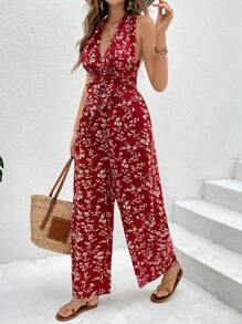 SHEIN Frenchy 女士度假休闲碎花露背吊带连体裤 - 酒紅色 - 查看 2