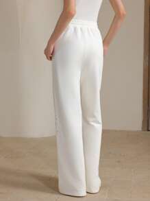 Anewsta 时尚休闲女式长裤，采用水钻设计和收腰设计 - 白色 - 查看 2