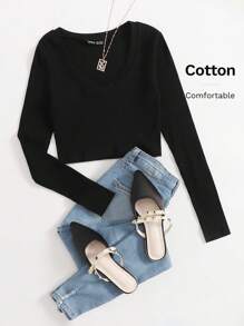SHEIN EZwear Áo thun Gân đan màu trơn Giải trí - màu đen - Xem 6