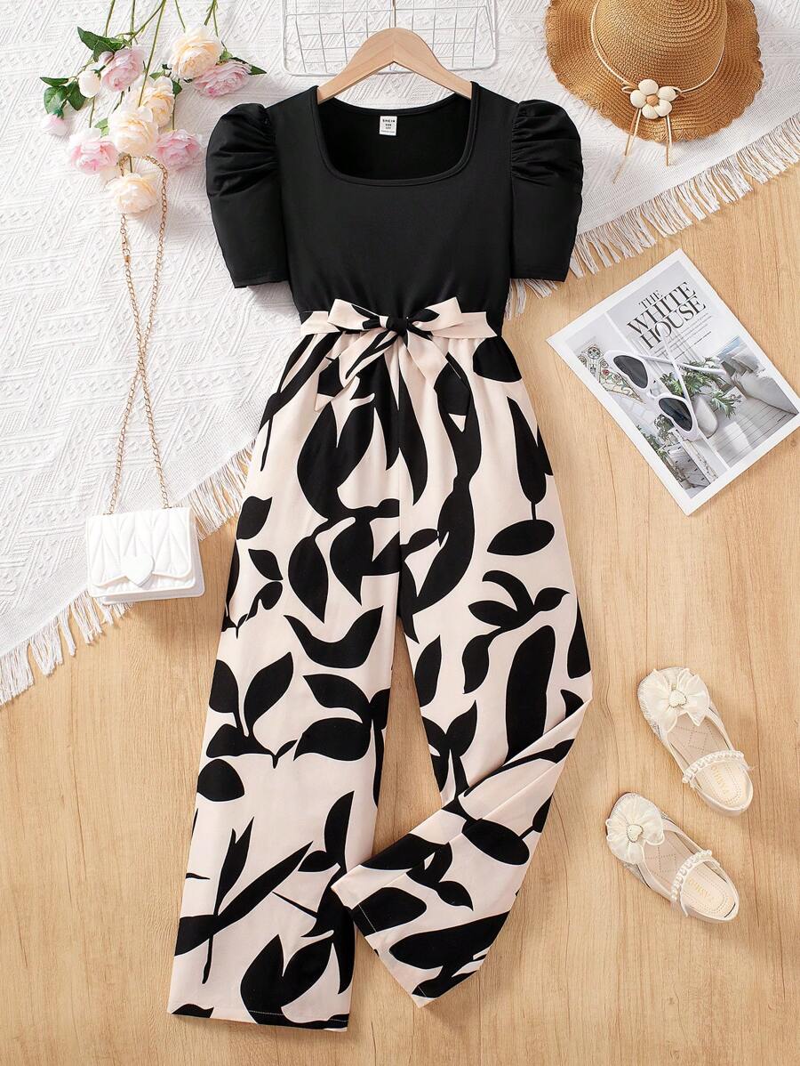 SHEIN Tween Girls''Holiday Fashionable Casual Style Knit Ditsy Floral Patchwork Square Neck Short Sleeve Jumpsuit - Black - View 1