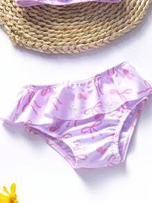 Newborn Baby Girl Cherry Bow Print Ruffle Trim Split Swimsuits With Headband - Pink - View 5