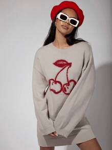 COSMINA Women's Round Neck Long Sleeve Graphic Detail Minimalist Casual Short Sweater Dress - Grey - View 4