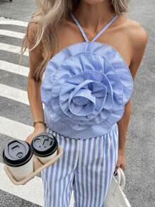 SHEIN Essnce 女式条纹花卉 3D 装饰休闲挂脖背心