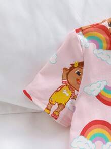 CoComelon X SHEIN 女婴 2 件套可爱甜美彩虹图案 T 恤和裤子家居服睡衣套装，春夏 - 粉色 - 查看 3
