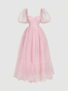 SHEIN MOD 粉色网眼水钻泡泡袖迷你连衣裙，适合舞会、派对、约会、情人节