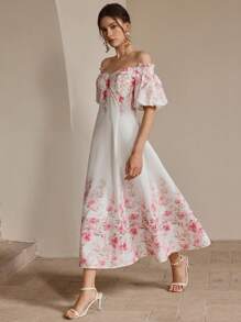 Anewsta Váy đi nghỉ mát thường ngày tay bồng dài lưng dài in họa tiết cho nữ, thanh lịch - Hồng - Xem 3