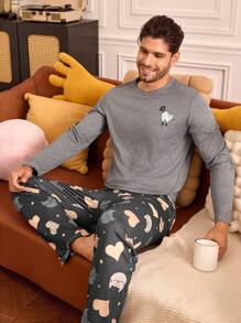 Men's Cat Print Long Sleeve Top And Pants Pajamas Set - Grey - View 1