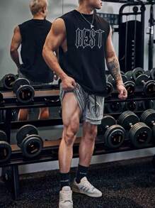 Manfinity Sport Corelite 男友风格男士短裤套装男友风格男士字母图案运动套装、运动服、运动服健身套装篮球服篮球球衣男士篮球球衣拳击服篮球衫健身套装健身上衣透气 - 黑色 - 查看 3