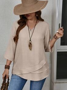 EMERY ROSE Plus Size Women Asymmetrical Double Layer Design Zipper Collar Comfortable Textured Fabric Blouse, Vintage Conservative Style, Spring/Summer