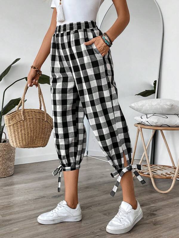 EMERY ROSE Women's Elastic Waist Plaid Casual Pants, For Daily Leisure Wear Summer Outfits For Women