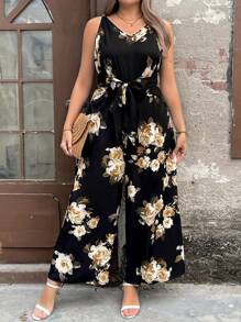 SHEIN LUNE 大码女式花卉印花 V 领无袖阔腿连体裤，度假风格