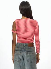 MISSGUIDED Blusa de manga larga con detalle de giro, de un hombro asimétrico a rayas, de uso casual de verano, esencial de primavera, ropa de oficina básica para uso diario