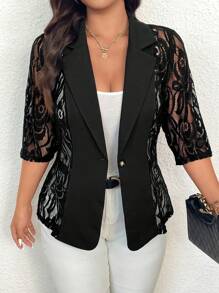 SHEIN Clasi Plus Size Women Elegant Solid Color Lace Patchwork Blazer Jacket